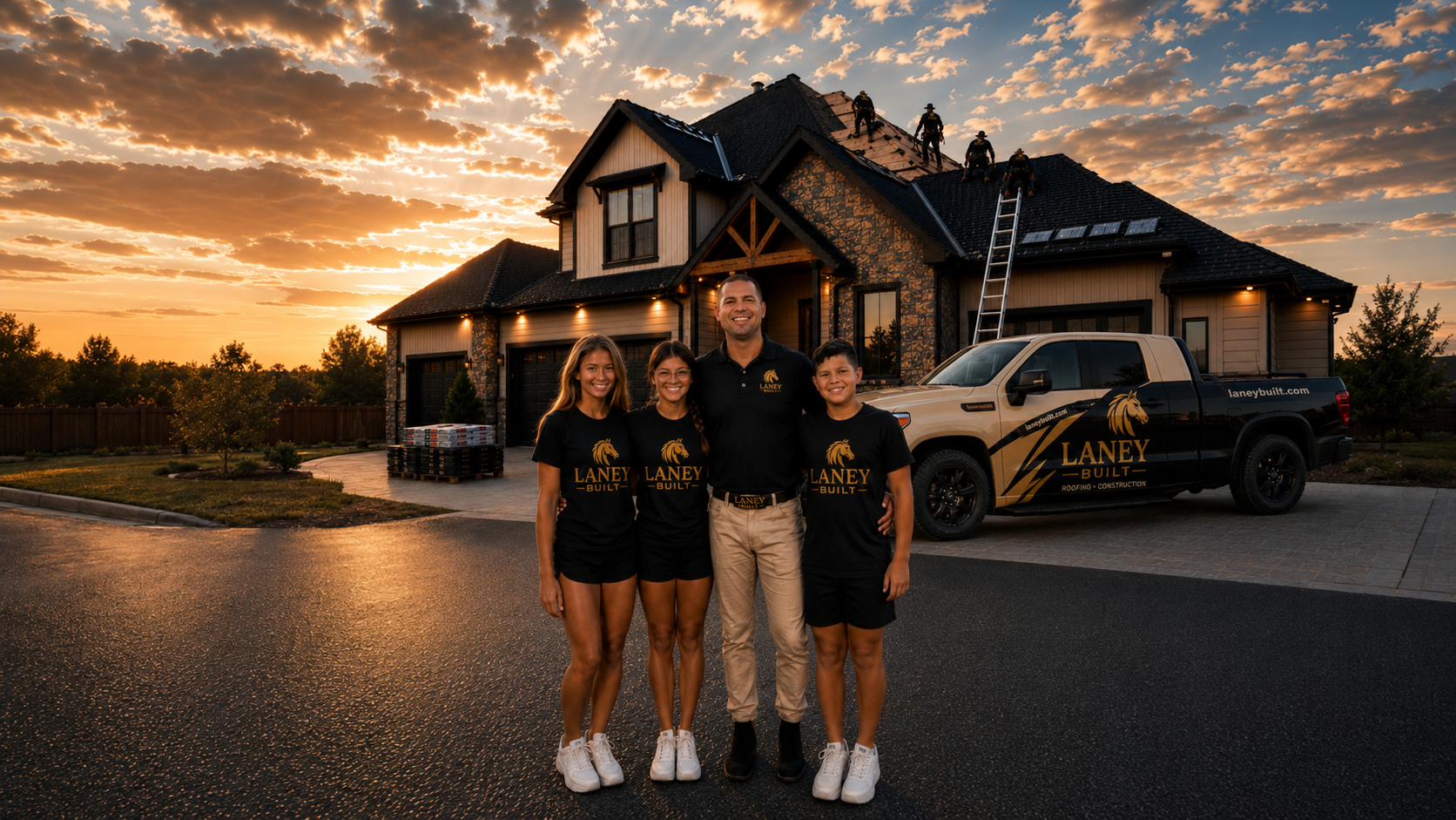 Colt Laney with his three children at a Laney Built roofing project in North Alabama